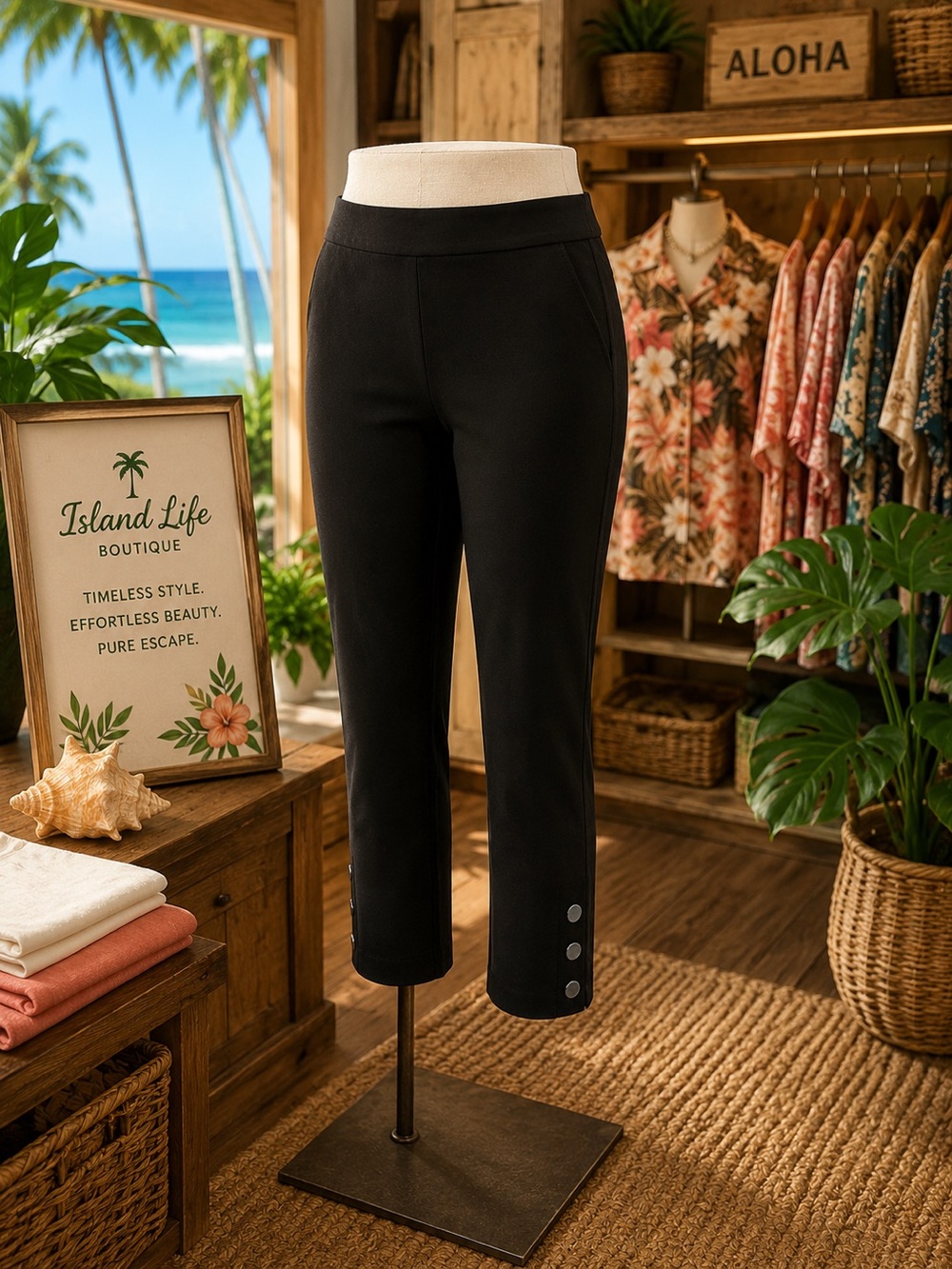 Chico's Black Cropped Slim Leg Pants with Hem Button Detail